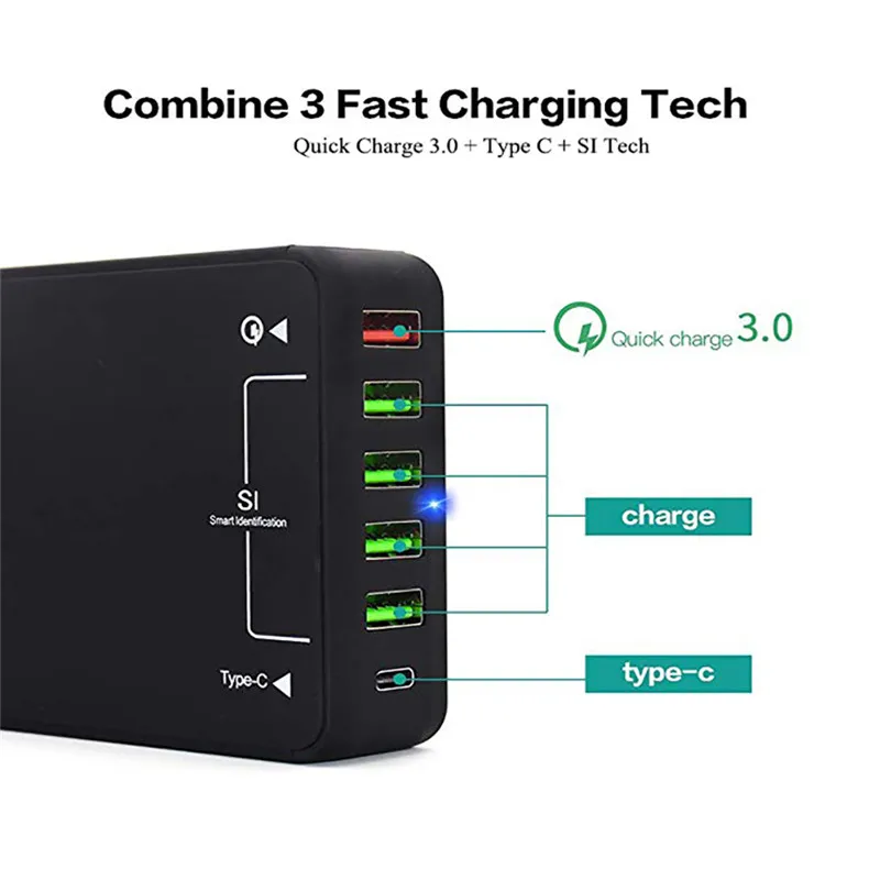 Универсальное зарядное устройство QC 3,0 EU/US/UK/AU, быстрая зарядка, зарядное устройство usb type-C, 40 Вт, 6 портов, дорожное зарядное устройство