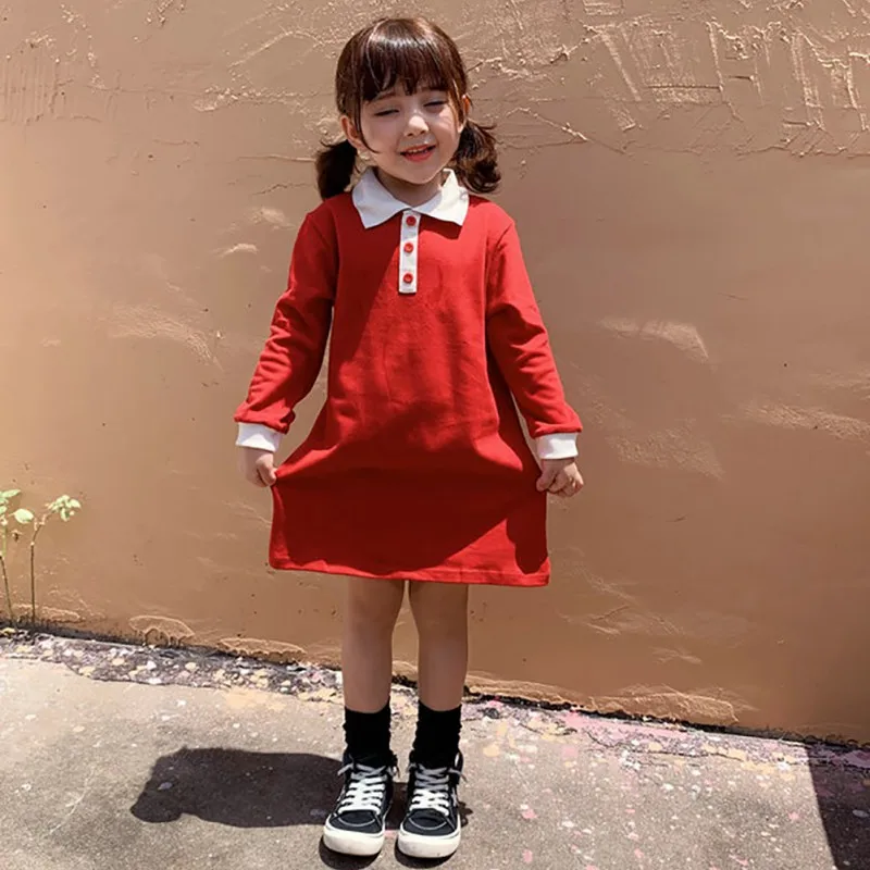 

Baby Girls Dresses 1-7T New Autumn Lapel Princess Casual Solid Color Sweet Toddler Girl Clothes Long Sleeve Dress #m