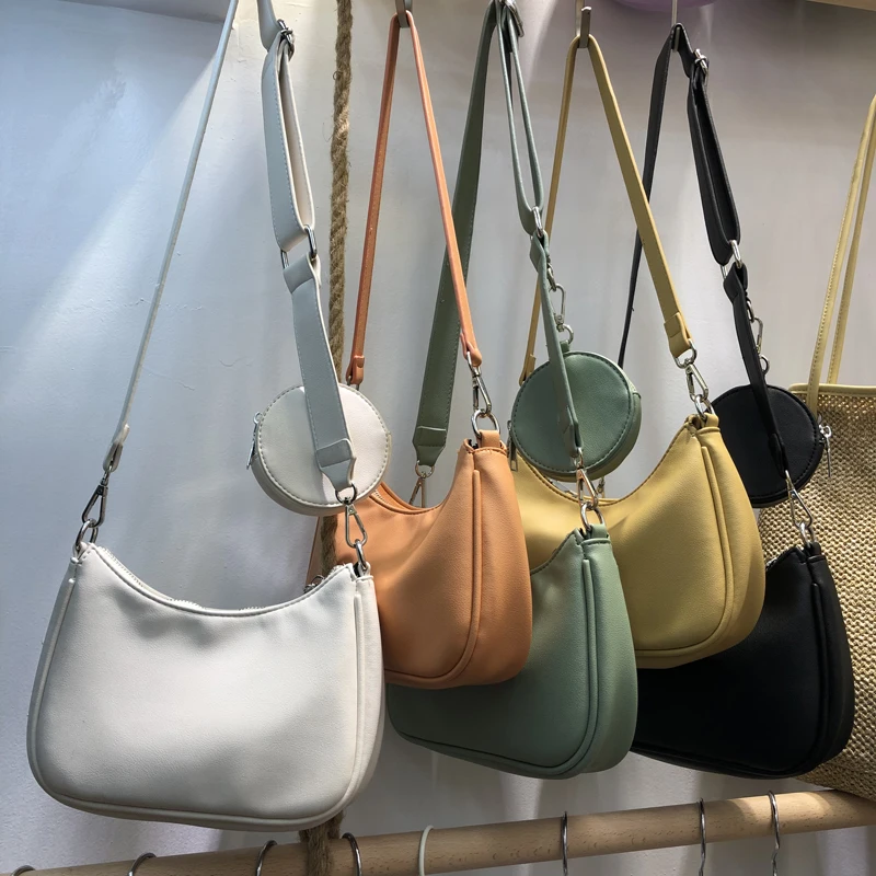 

2020 Summer New Women Baguette Bag Female Handbags Ladies Small Shoulder Crossbody Bags PU leather Round Purse Bag Two Straps