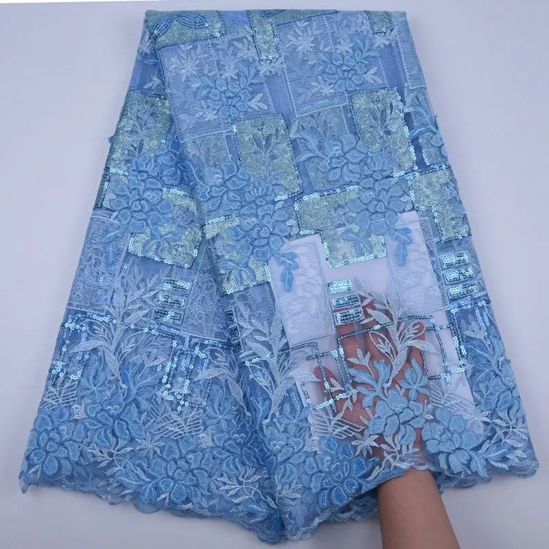 

Небесно-голубой кружевной ткани в нигерийском стиле, 2019, Высококачественная бархатная кружевная ткань с блестками, вышитый тюль, африканская бархатная кружевная ткань S1752