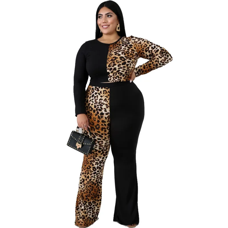 Plus Size 5xl Women Two Piece Set Top And Pants Tracksuit Sweatsuit Outfits Vintage Leopard Patchwork Casual Sets Autumn Winter