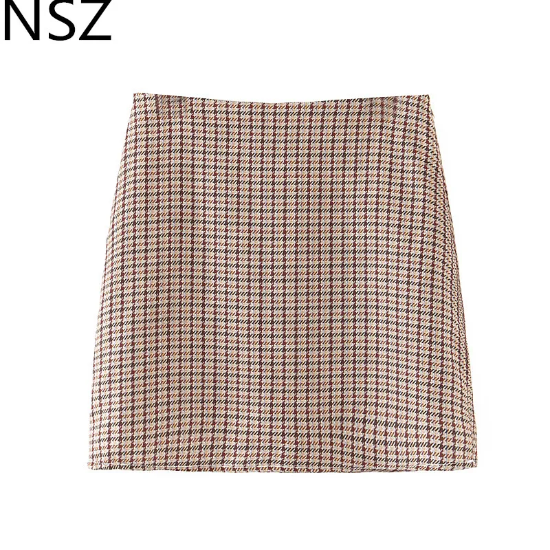 

NSZ Women Plaid Mini A-Line Skirt Houndstooth High Waist Short Elegant Office Lady Checked Chic Skirts Side Zipper Faldas