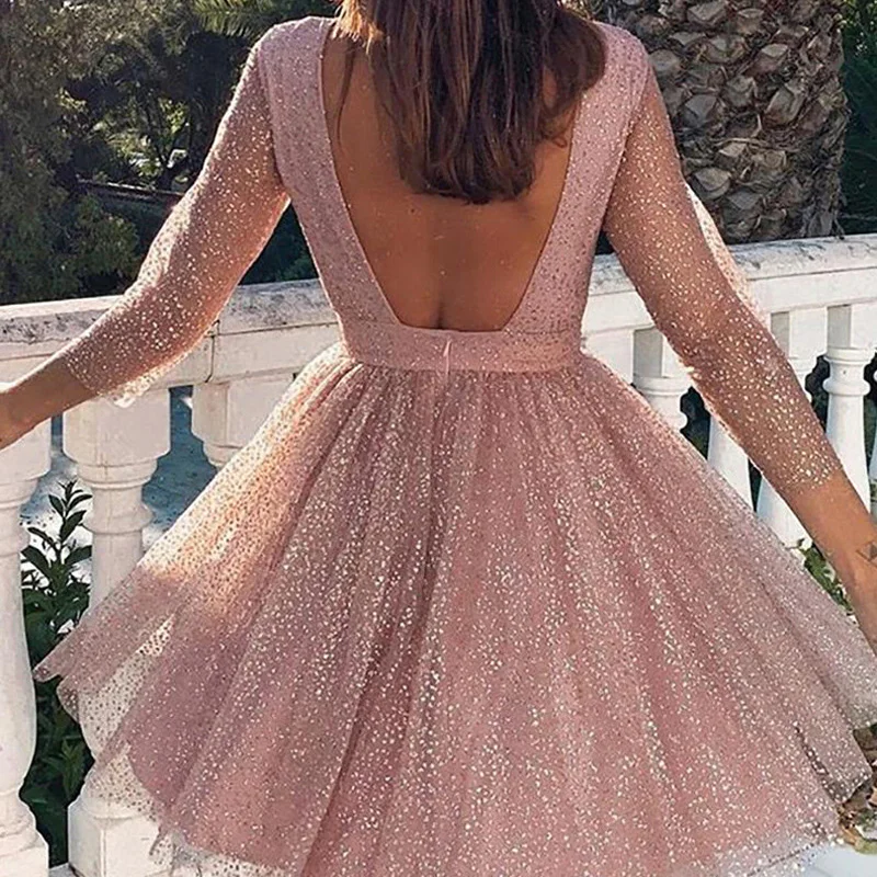Розовые элегантные винтажные платья с рукавом три четверти, сетчатые прозрачные сексуальные вечерние платья с открытой спиной, большие размеры, S-3XL для милых девушек