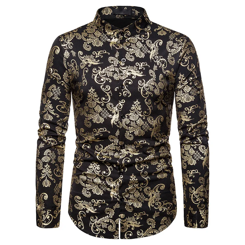 Для мужчин s ночной клуб Пейсли бронзовое платье рубашки Slim Fit Мандарин воротник