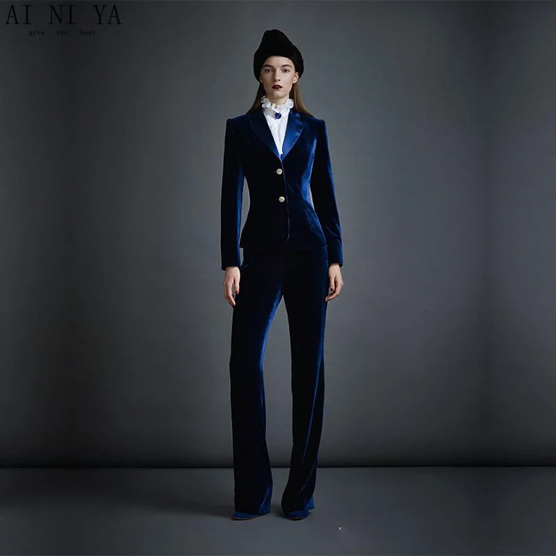 Dark Blue Velvet Women's Business Suits 