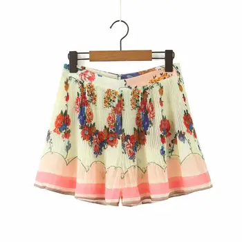 

New 2020 women fashion color matching flower print pleated Shorts ladies back zipper chiffon shorts chic pantalone cortos P623
