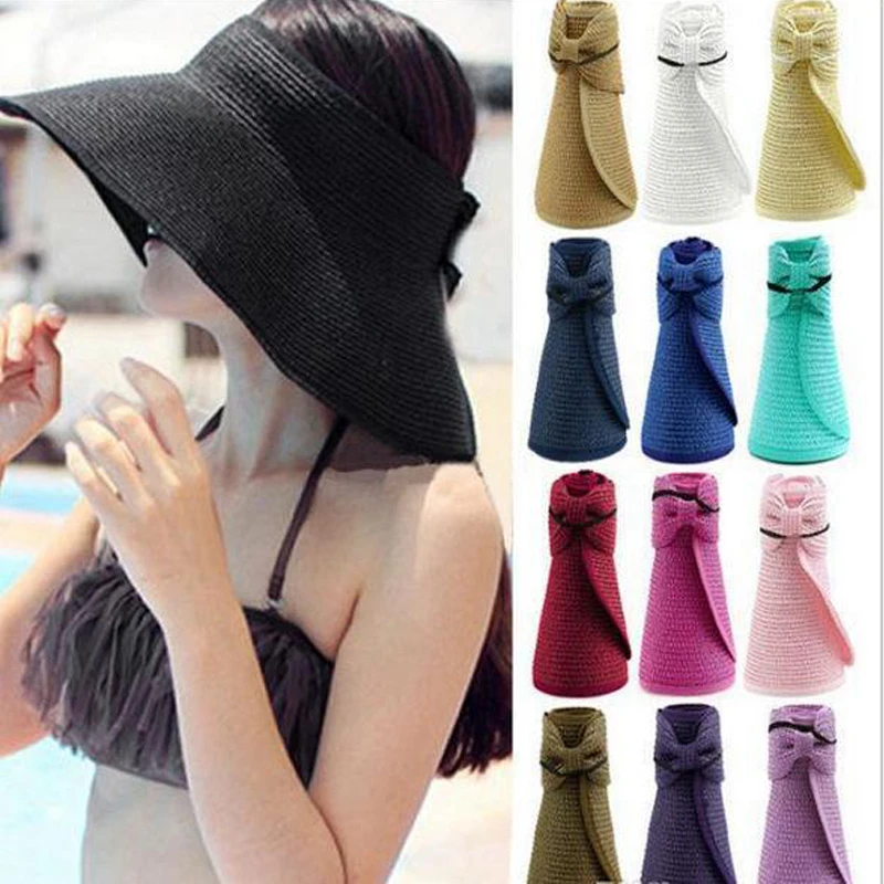 De las mujeres de moda plegable enrolladas sol playa de ala ancha de paja visera sombrero plegable gorro de playa de verano 11 colores