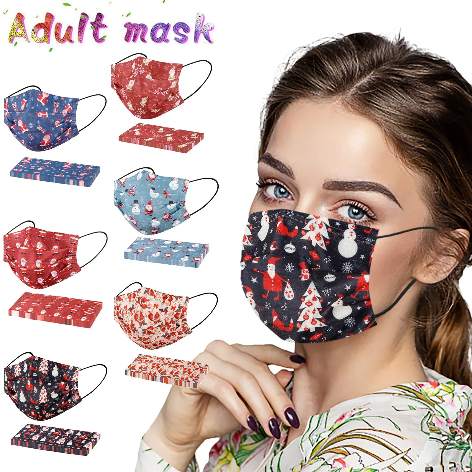 Women Men Dust Mask 10pcs Unisex Disposable Face Mask Adults Christmas Designs 3-ply Facial Masks