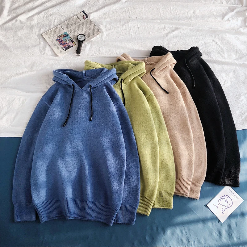 Autumn Hooded Sweater Men Fashion Solid Color Casual Knit Sweaters Man Streetwear Wild Loose Pullover Men Sweter Male Clothes Autumn Hooded Sweater Men Fashion Solid Color Casual Knit Sweaters Man Streetwear Wild Loose Pullover Men Sweter Male Clothes