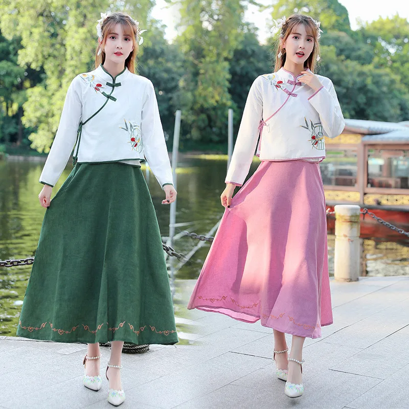 

2019 Autumn New Style Chinese Clothing Improved Cheongsam Embroider Jacket Dress Two-Piece Set Cotton Linen Tea Service Set
