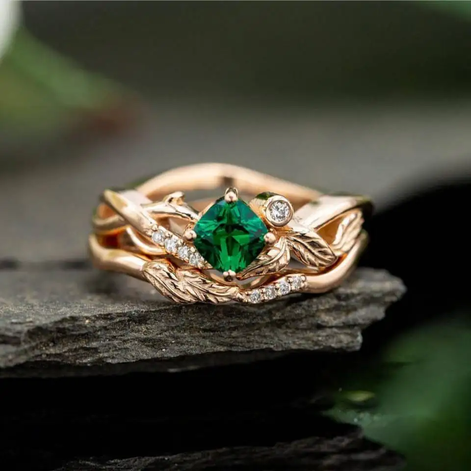 Huitan-Anillos irregulares románticos de planta con piedra de circón cúbico verde, hojas frescas, anillos de compromiso de Diseño de banda