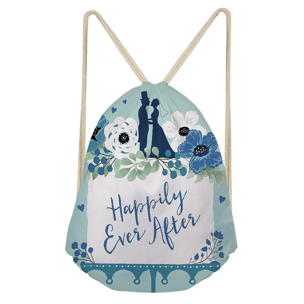 

Romantic Happy Wedding Print Drawstring Bag Jewelry Package Sachet Makeup Happiness Party Candy Gift Custom Wrapping Logo Bags