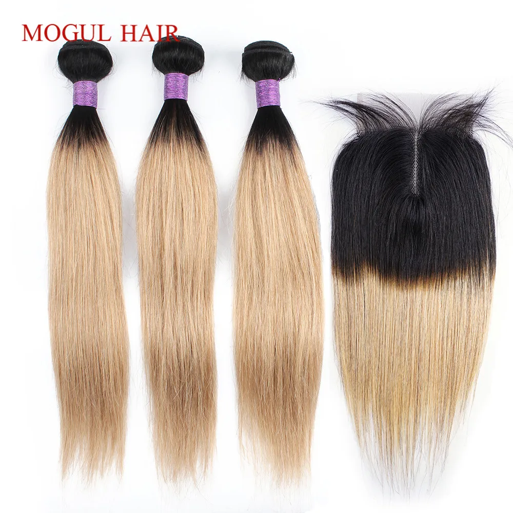 Mogul Hair 3 Bundles with Closure 200g/set Ombre Honey Blonde Black Straight Hair Weave 12-22 inch Remy Human Hair Extensions