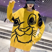 Свитер с принтом короля льва для женщин, осенне-зимняя повседневная Уличная одежда с длинными рукавами и круглым вырезом, свободные свитера в стиле Харадзюку, Женский Топ