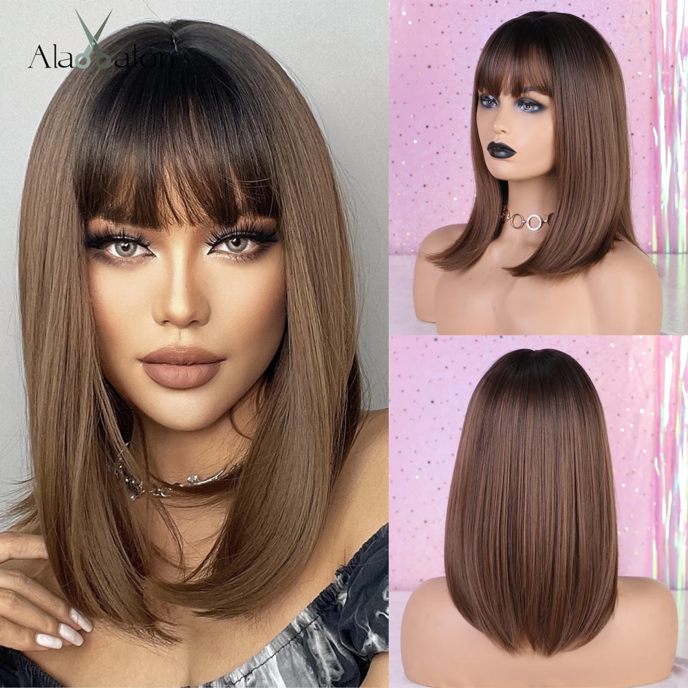 

ALAN EATON Ombre Black Brown Short Straight Lolita Bobo Wigs with Bangs Synthetic Wigs For Women Cosplay Daily Heat Resistant