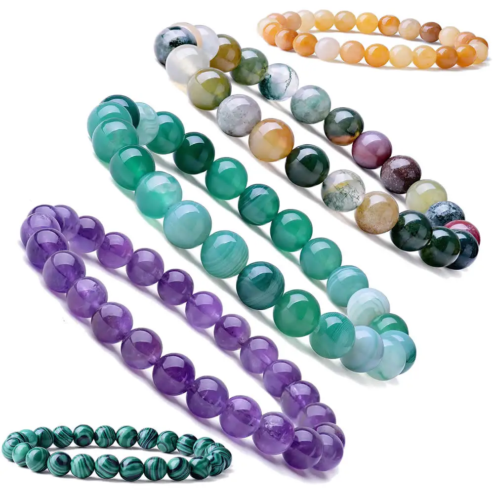 Details about   Natural 8 MM Gemstone Round Beaded Stretch Bracelets with Leaf Charm 
