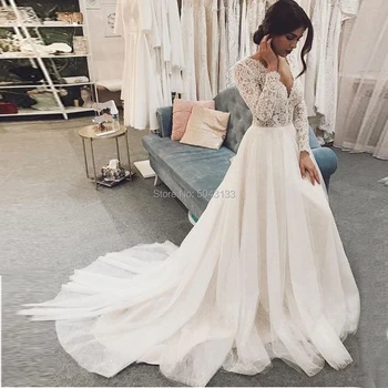

2020 A Line Long Sleeve Wedding Dresses Sexy Deep V Neck Sweep Train Vestido Festa Bridal Gown Lace Soft Tulle Ivory Bride Dress