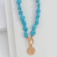 Amorcome Ethnic Vintage Blue Stone Chain Necklaces Statement Gold Color Metal Portrait Coin Pendant Necklace Boho Women Jewelry