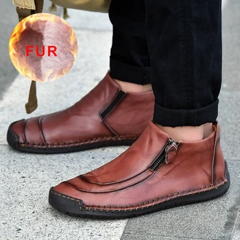 

2020 Hot Winter Genuine Leather Casual Shoes Soft Comfortable Plus Velvet Men Loafers Big Size Breathable Zip Driving Shoes