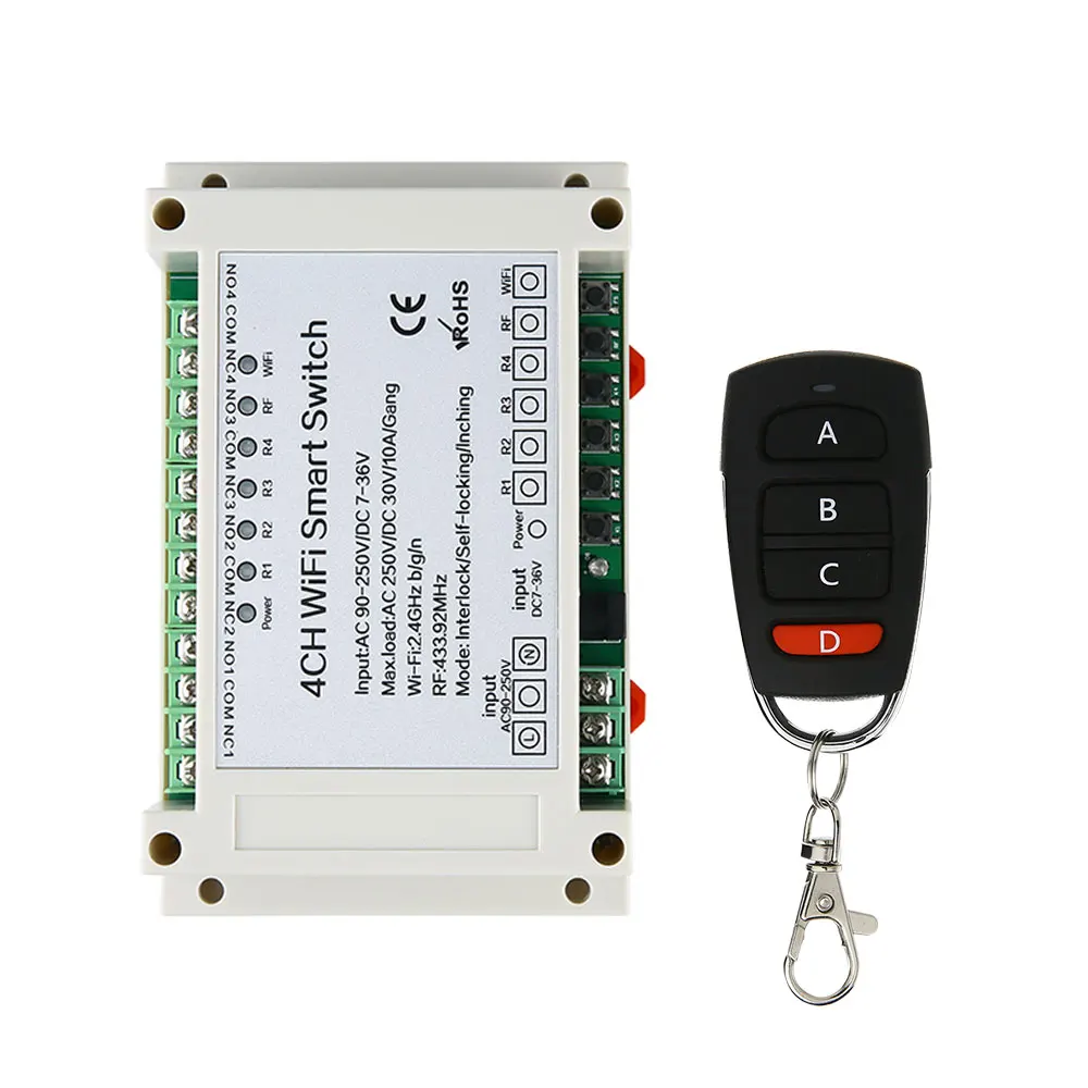 

Smart home eWeLinK APP 433Mhz 4GANG Wireless remote control WIFI switch DC7-36V AC90-250V Suitable for multiple occasions