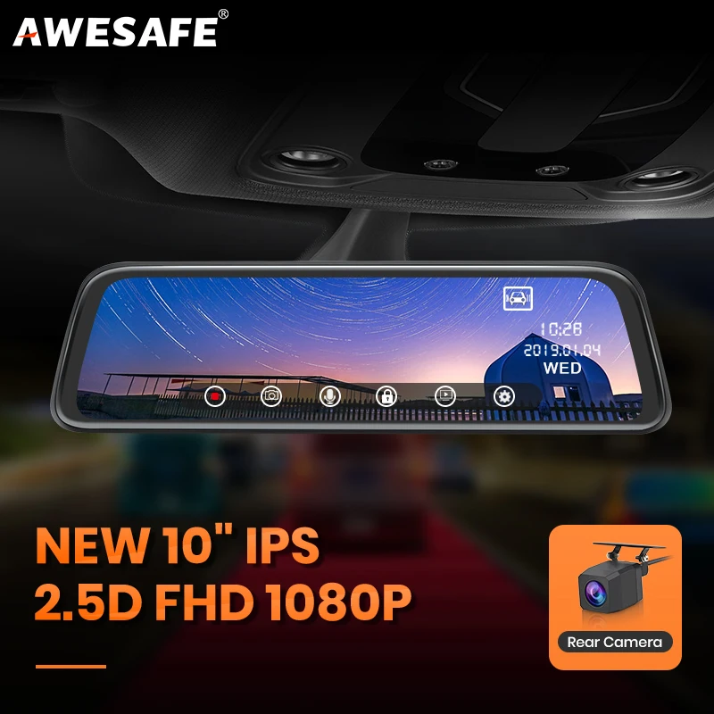 AWESAFE New FHD 1080P Dash Cam Car DVR Camera Stream RearView Mirror 10