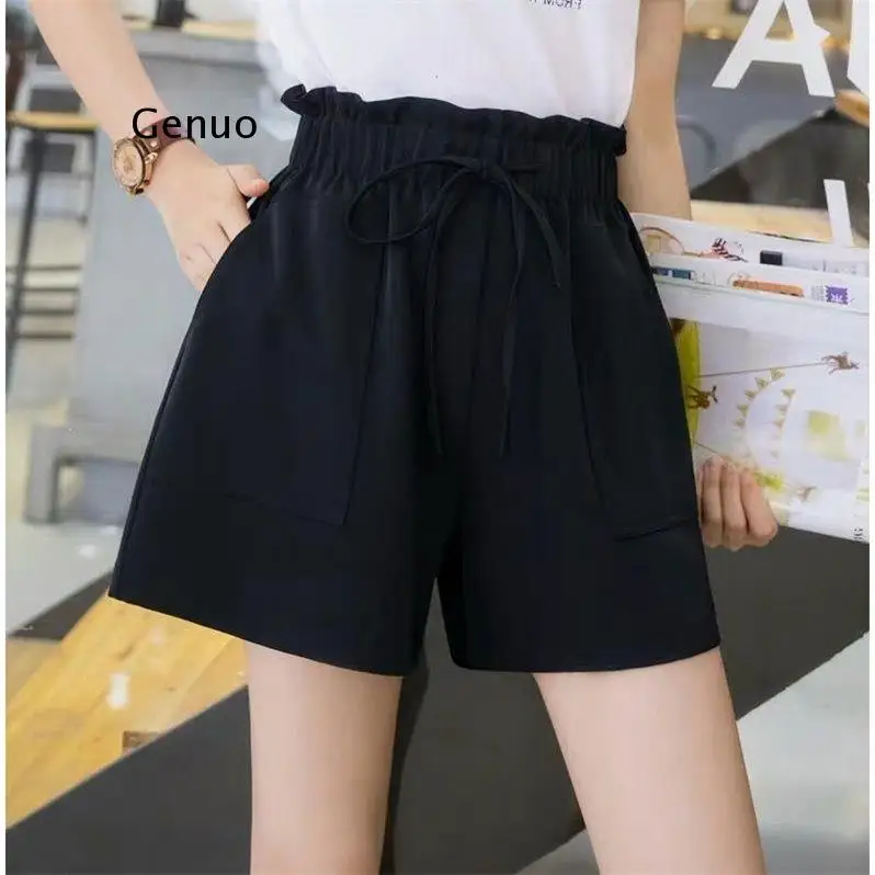 

Women Above Knee Fashion Summer Shorts Lady Home Casual Solid Wide Leg Loose Short Pants High Waist Stretched Capris