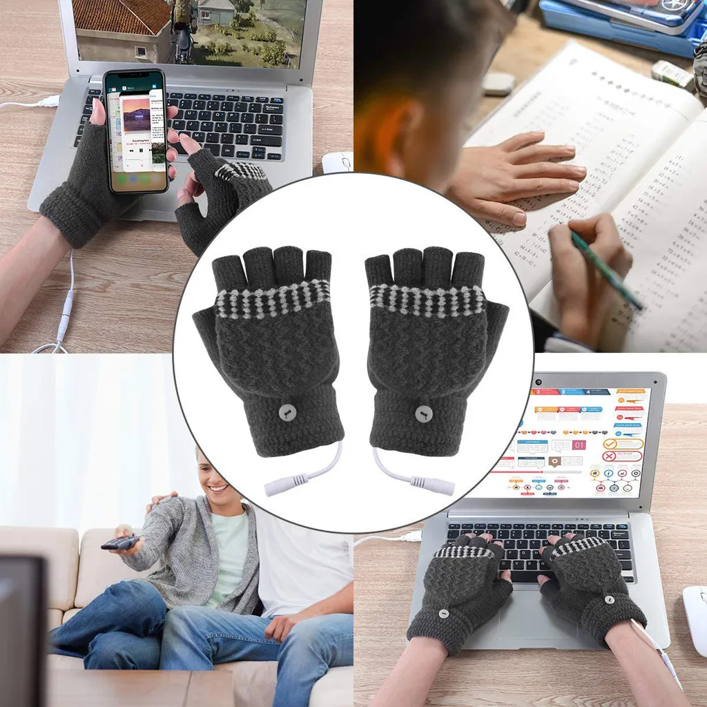 Модные перчатки без пальцев для ноутбука, женские, мужские, USB, с подогревом, рукавица, полный и полпальца, зимние, теплые, вязаные, перчатки для рук, rekawiczki damskie