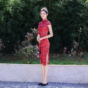 

Sheng Coco Ladies Shanghai Elegant Chinese Cheongsam Dress Silk Sexy Red Chinese Novel Pattern Modern Oriental Dresses Qipao