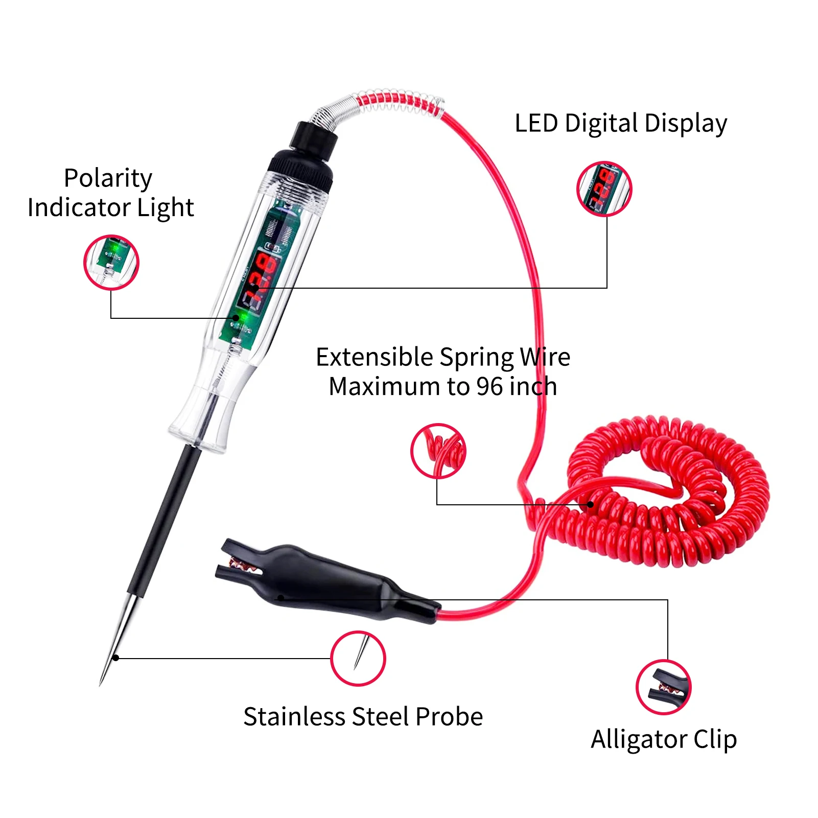 AWBLIN 자동차 테스트 라이트 디지털 LED 회로 테스터, DC 2.6V-32V, 자동 전기 테스터 라이트 도구, 전압계 및 프로브 포함