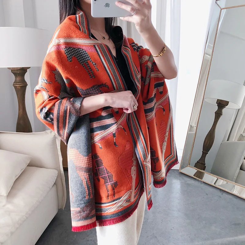 

Winter Scarf Women Soft Brand Design Horse Printing Female Scarves Long Warm Pashmina Thick Shawls Lady Wraps 180*65cm
