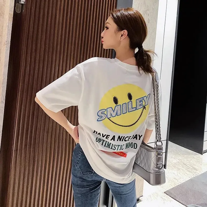 

IHOBBY Smile Face T shirt Korean Fashion Summer New kawii Girls Loose Style Casual Round Neck White Cotton Tshirt