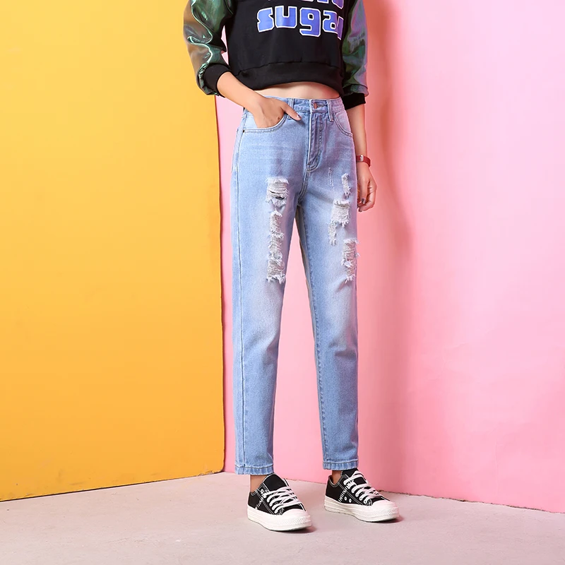 Fashion Holes High Waisted Mom Jeans Retro Solid Washed Denim Scratched Straight Plus Size Pants Women Ankle Length Trousers