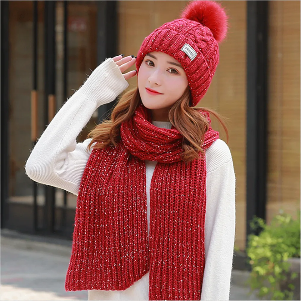Tsuretobe, зимняя Модная трикотажная шляпа, шарф, комплект из двух предметов, женская теплая шерстяная шапка с буквенным принтом и Длинная вязаная шаль, шарф - Цвет: wine red-set