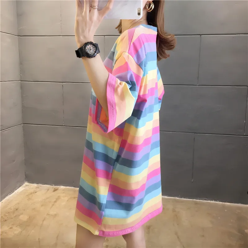 Summer Boyfriendy Loos Rainbow Striped T-shirts Women Plus Size Streetwear Harajuku Oversized T Shirt Casual Femme Tops Tees