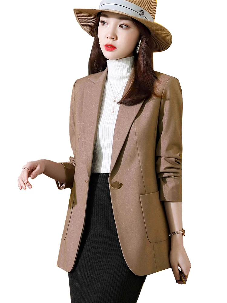 

High Quality Fashion Women Formal Single Button Blazer Ladies Female Khaki Brown Black Solid Coat Jacket For Autumn Winter