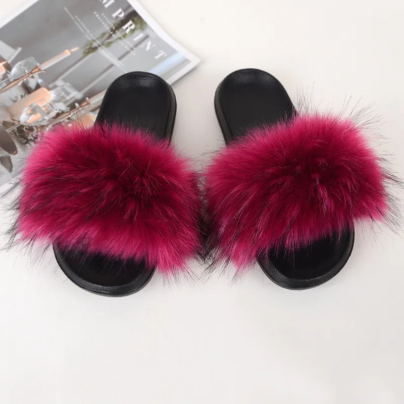 Kids Fur Slippers Girl Fluffy Faux Raccoon Fur Slides Furry Home Floor Flip Flops Children Summer Shoes Girls Fur Sandals CSH953 children's sandals near me Children's Shoes