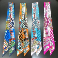 Luxury Summer Fashion New Plant Flowers Ladies Decoration Twill Long Strip Silk Scarf Narrow Belt Streamer Tie Bag Small Scarf 2