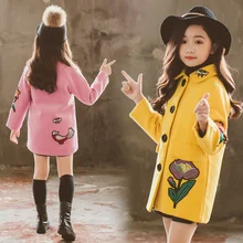 Famli/пальто для девочек-подростков Зимняя шерстяная Верхняя одежда для девочек, длинная корейская модная куртка с цветочной вышивкой на возраст от 3 до 12 лет, осень