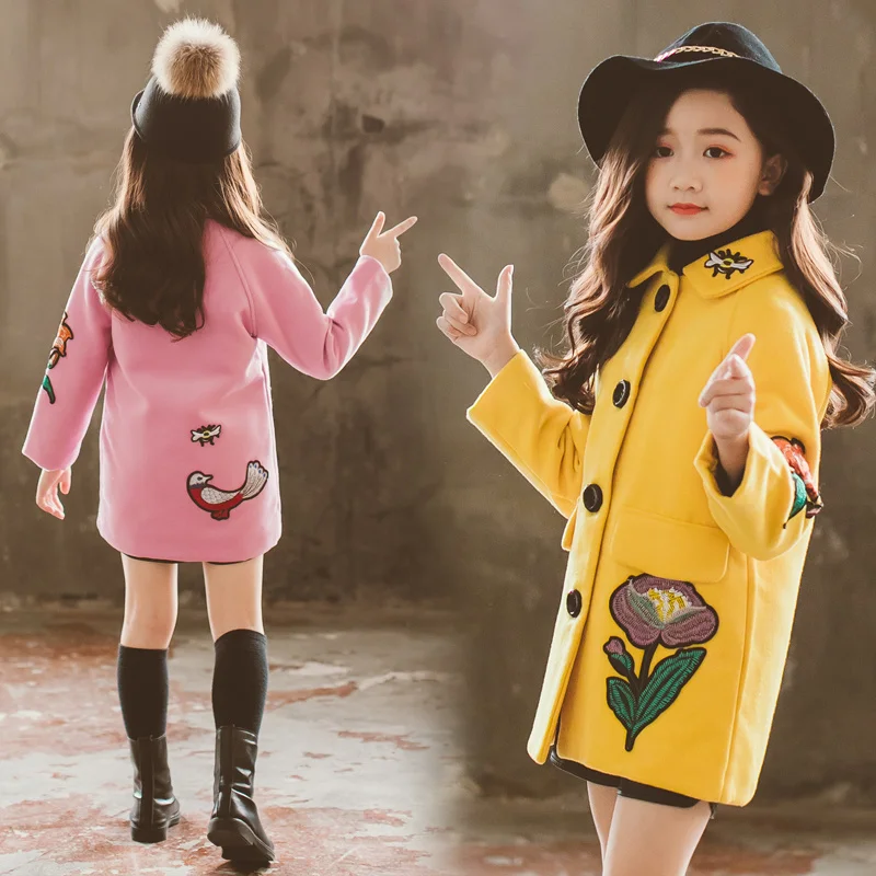 

Famli Teen Girls Coat Winter Woolen Outerwear For Girls Long Korean Fashion Flower Embroidered Jacket 3-12Year Autumn