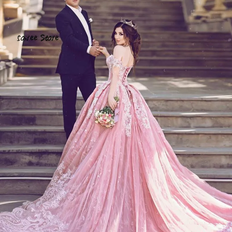 

Arabic Pink Gothic Wedding Dress Ball Gown Off Shoulder Plus Size Bridal Dress 2019 Lace Country Garden robe de mariee 2020