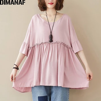 

DIMANAF Plus Size Women T-Shirts Fashion Lady Tops Tunic Tees Ruffles Pleated Cotton Casual Loose Female Clothing Summer Pink