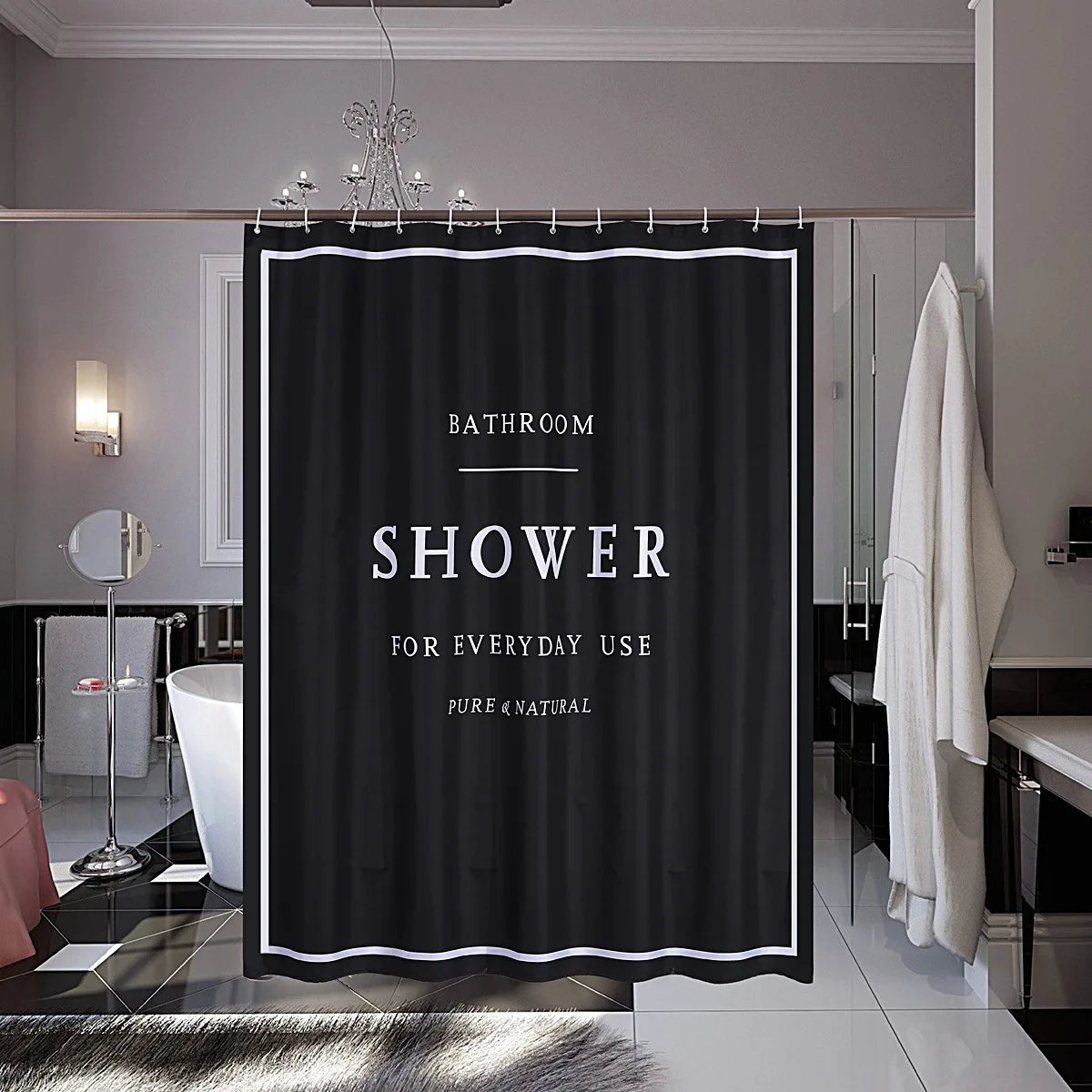 

Cross Border for Shower Curtain Black And White with Pattern English Lettered Shower Curtain Polyester Shower Curtain Waterproof