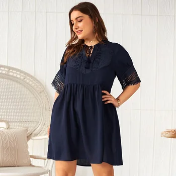 

Casual Plus Size Women Dress 2020 Lace Patchwork Half Sleeve Spring Summer Dress A-line Empire Vestidos Navy Blue Party Dresses