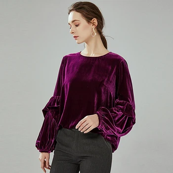 

Silk Velvet Patchwork Sweater Plus Size O Neck Lantern Sleeve Solid 2 Colors Tops Elegant Casual Loose Style New Fashion