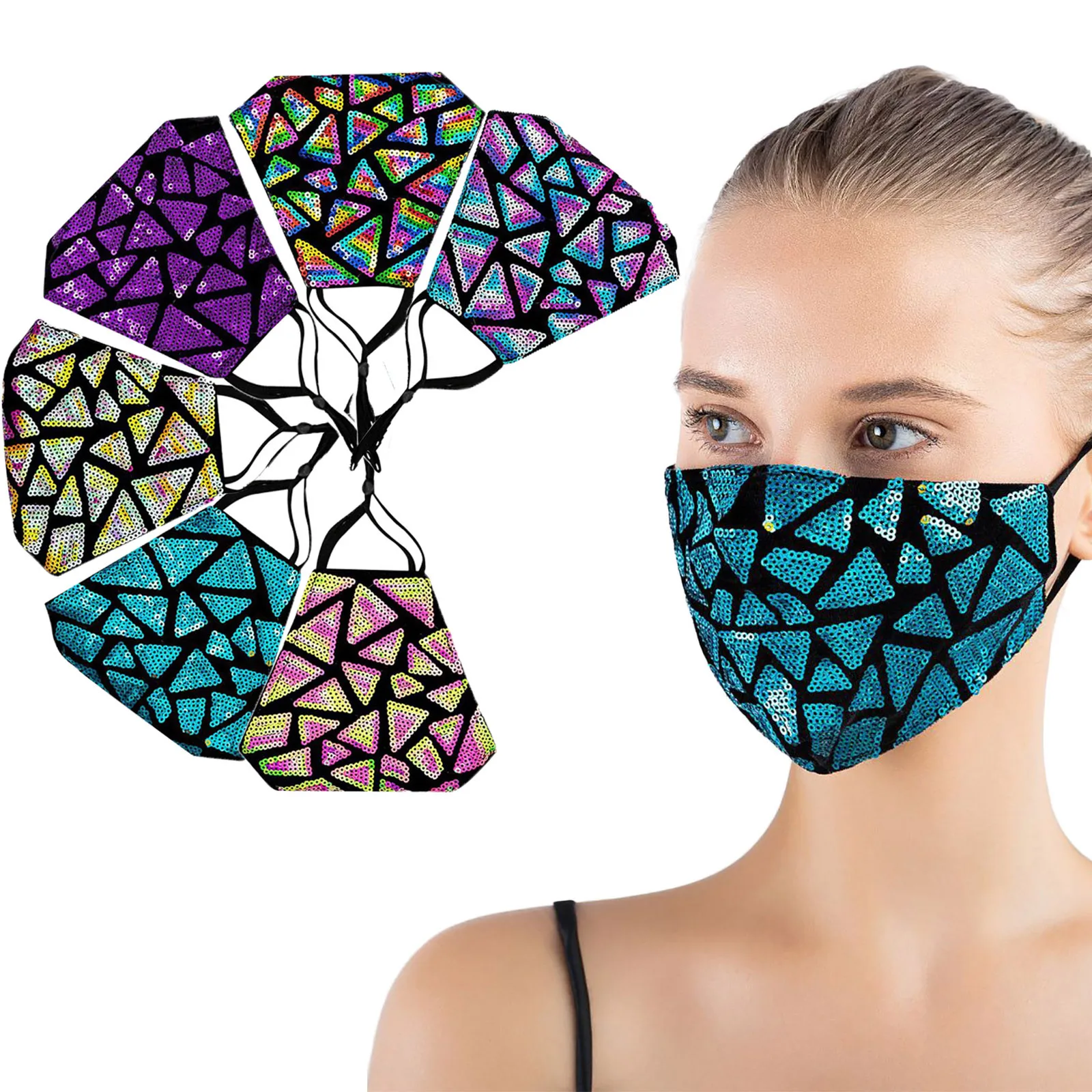 

Fast Delivery 2PC Washable Sequins Mask Breathable Reusable Shiny With filter Face Mask Headband Mascherina MÃ¡scara para adultos