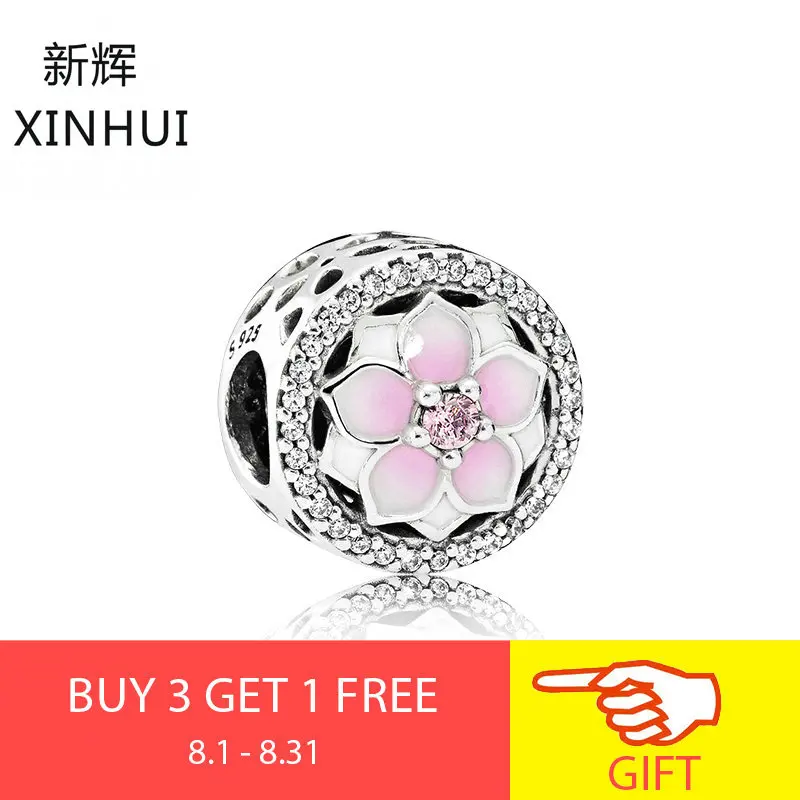 

XINHUI Genuine 100% 925 Sterling Silver Flower Magnolia Bead Pink Enamel DIY Making Jewelry Fits Original Charm Bracelets Gift