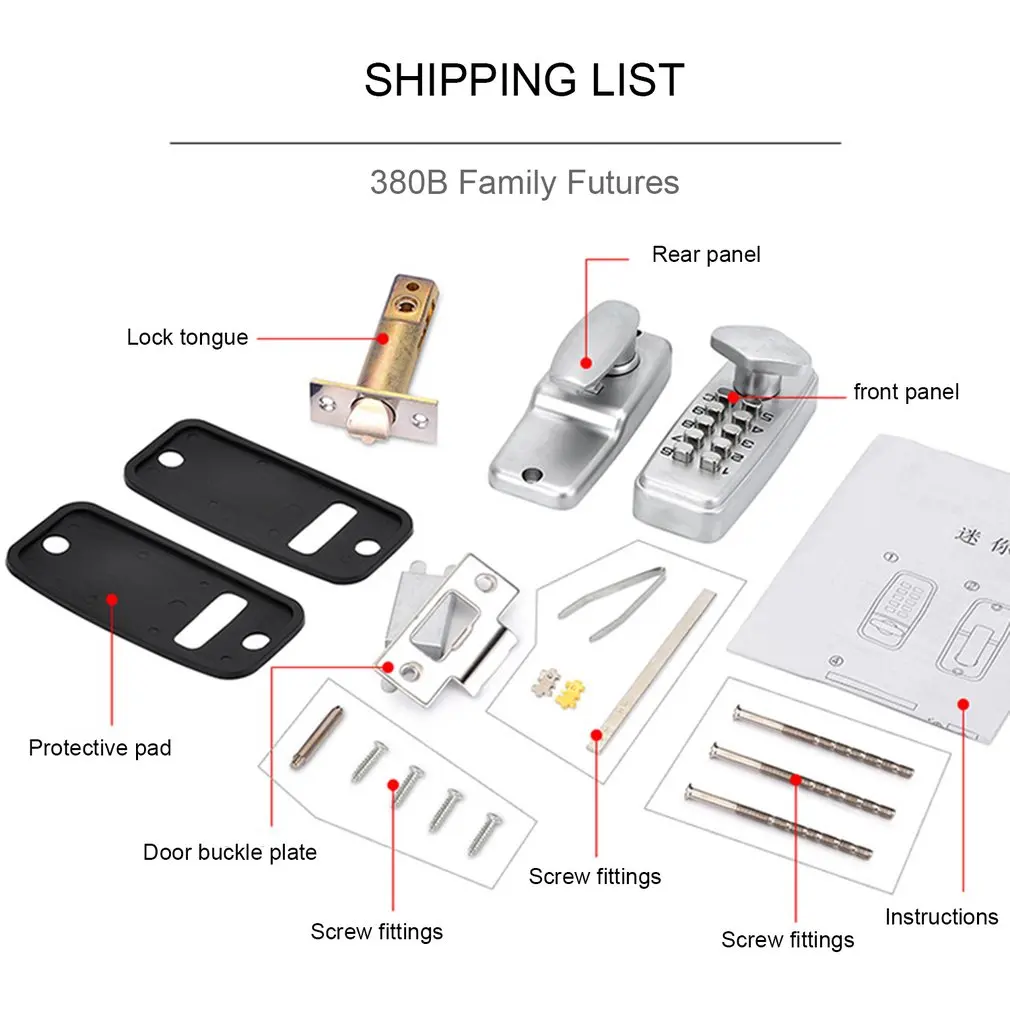 

380B Digital Password Door Lock Mechanical Code Keyless Entry Door Lock Waterproof Non-Power Anti-rust Lock for 30-65mm Door