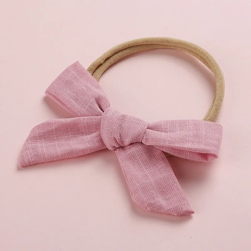 New Baby Toddler Cotton Linen Nylon Bow Headband Solid Color Seamless Kids Top Bows Elastic Hair Bands Headwrap Hair Accessories - Цвет: dark pink