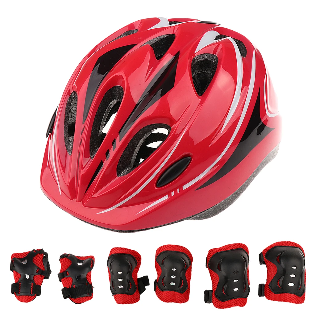 7 Pieces 5-15-year Old Kids Children Roller Skating Bicycle Cycling Scooter Helmet Knee Elbow Pad Wrist Guard Set Pink Blue Red