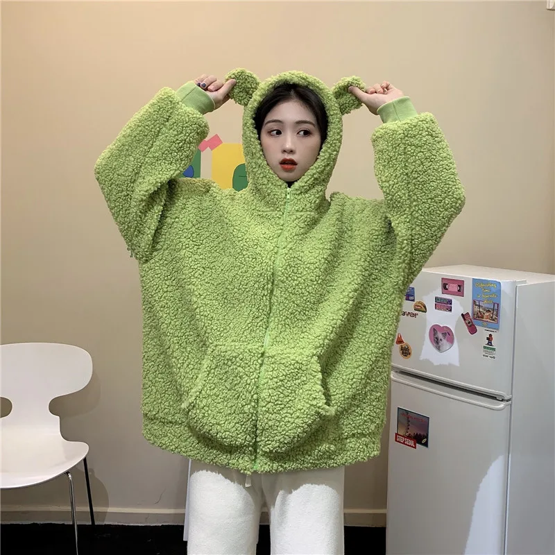 

Autumn Winter Women'S Plush Coat Imitation Lambs Loose Jacket Cute Bear'S Ear Hooded Zipper Coat Kawaii Hoodies Jacket